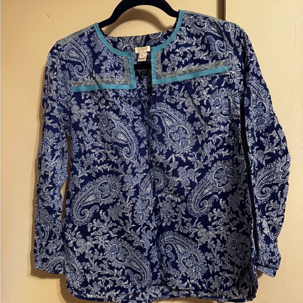 J. Crew Navy and Turquoise Paisley Top